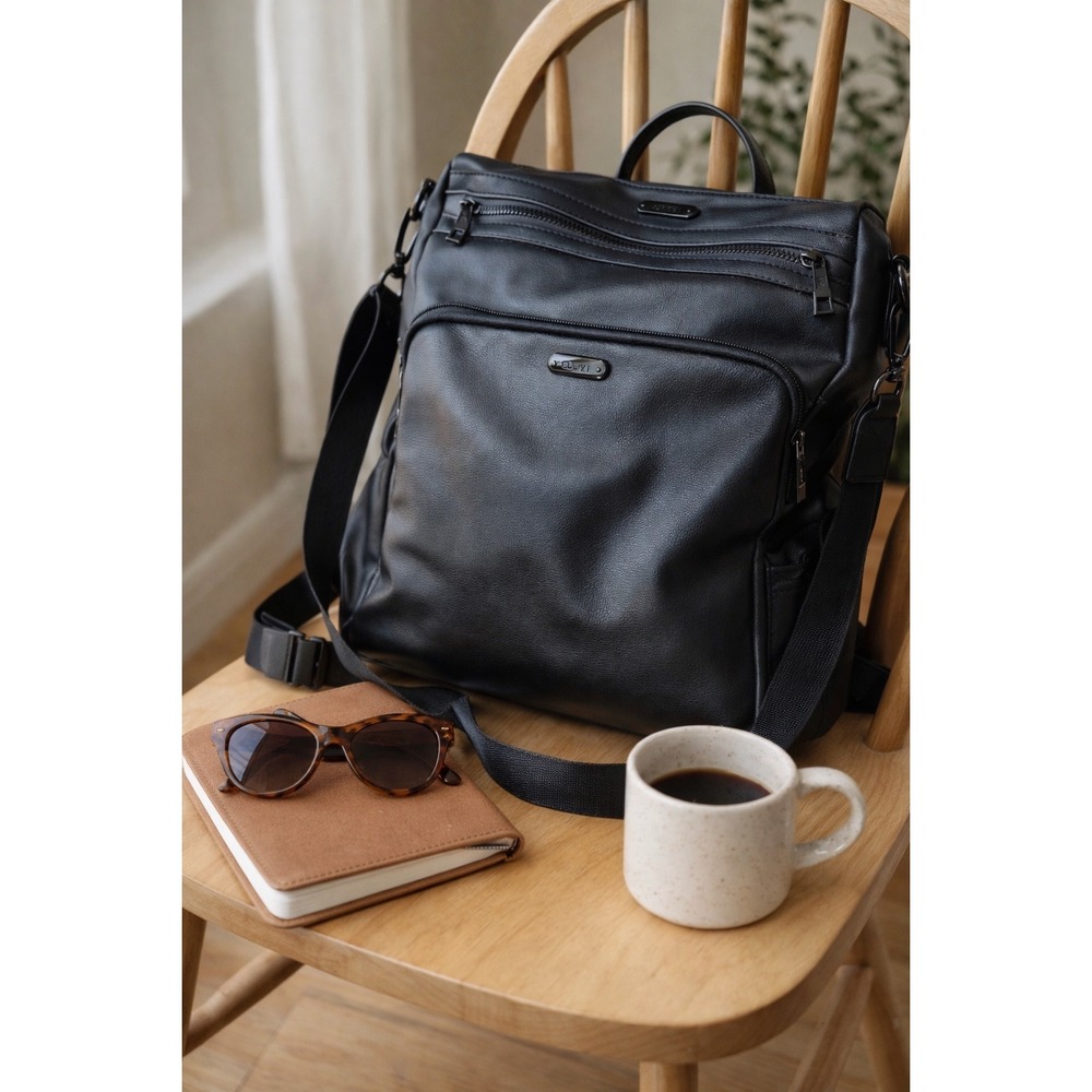 Black Faux Leather Backpack Convertible Shoulder Bag Minimalist Travel Purse